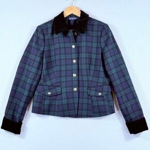 JG Hook Plaid Blazer Women 12 Blue Green Velvet Trim Collegiate Office Preppy